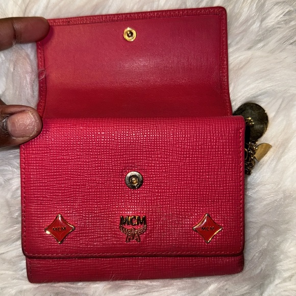 Authentic MCM Pink Leather Studded Logo Motifs Trifold Wallet with keychain GUC - Picture 11 of 17